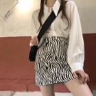 Long-sleeve Plain Shirt / Zebra Print Mini Pencil Skirt