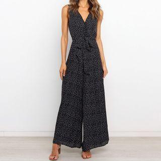 Sleeveless V-neck Polka Dot Jumpsuit