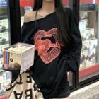 Long-sleeve Asymmetric Shoulder Heart Print T-shirt