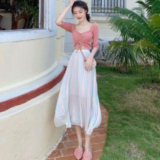 Drawstring Elbow-sleeve T-shirt / Midi A-line Skirt