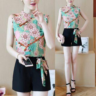 Set: Sleeveless Floral Print Top + Wide-leg Shorts