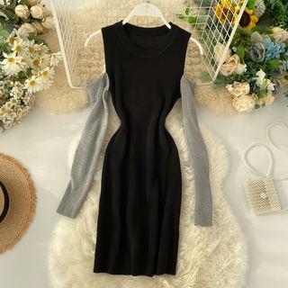 Long-sleeve Cold-shoulder Midi Sheath Knit Dress Black - One Size