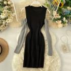 Long-sleeve Cold-shoulder Midi Sheath Knit Dress Black - One Size