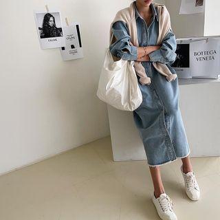 Balloon-sleeve Maxi Denim Shirtdress With Sash