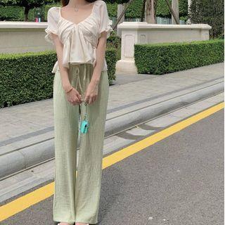 Short-sleeve Shirred Blouse / Straight Leg Pants
