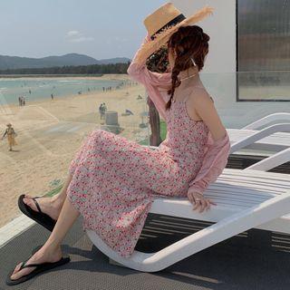 Spaghetti-strap Floral Print Midi A-line Dress / Cardigan