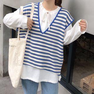 Drawstring Plain T-shirt / V-neck Stripe Vest