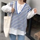 Drawstring Plain T-shirt / V-neck Stripe Vest