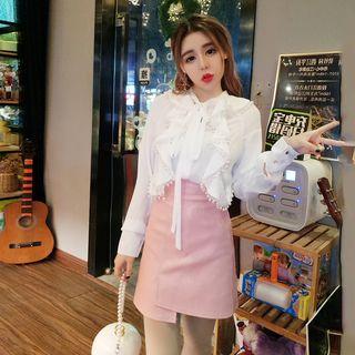 Set: Frill-trim Shirt + Faux Leather A-line Mini Skirt