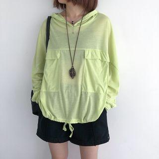 Drawstring-hem Double-pocket Hooded Long-sleeve T-shirt