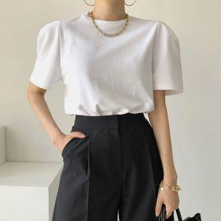 Round Neck Plain Over-sized Slit Puff Short Sleeve T-shirt