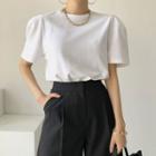 Round Neck Plain Over-sized Slit Puff Short Sleeve T-shirt