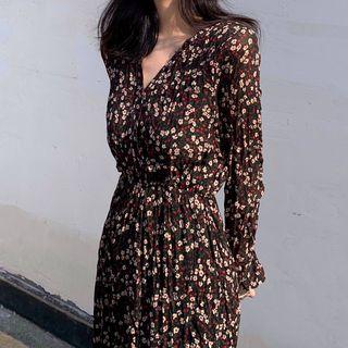 Floral Print Long-sleeve Crinkle Chiffon Dress