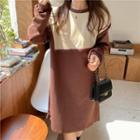 Color Block Panel Long-sleeve Dress Brown - One Size