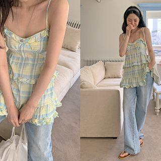 Spaghetti-strap Frilled Plaid Top