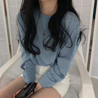 Plain Round-neck Loose-fit Long-sleeve Top