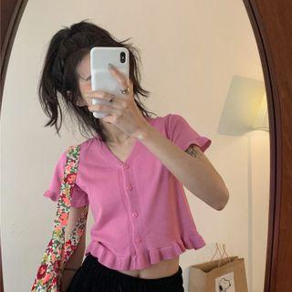 Short-sleeve Ruffle Trim Knit Cropped Cardigan