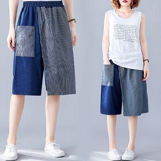 Asymmetrical Striped Panel Above-elbow Denim Skort