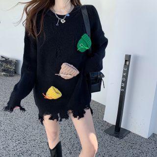 Distressed-hem Embroidered Oversized Sweater Black - One Size