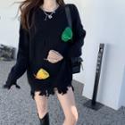 Distressed-hem Embroidered Oversized Sweater Black - One Size