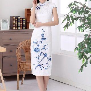 Cap-sleeve Printed Midi Cheongsam
