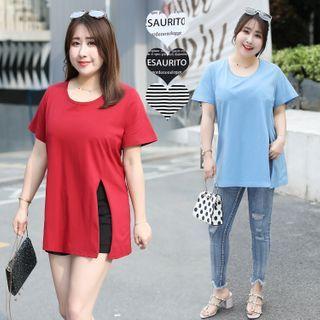 Short-sleeve Plain Slitted T-shirt