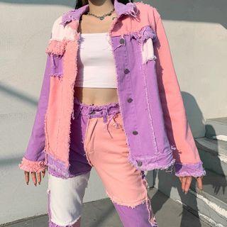 Fray Trim Color Block Denim Jacket