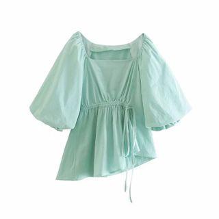 Asymmetrical Puff-sleeve Drawstring Blouse