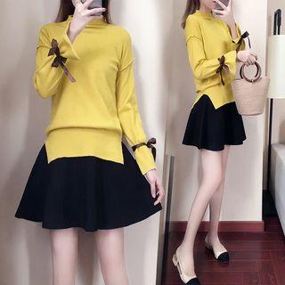 Set: Mock-neck Long-sleeve Knit Top + High Waist A-line Skirt