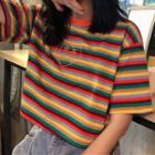 Striped Embroidered Cropped T-shirt As Shown In Figure - One Size