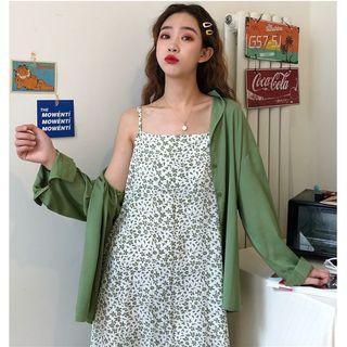 Spaghetti-strap Floral Print Midi Dress / Plain Shirt