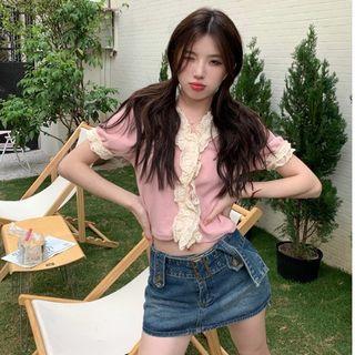 Short-sleeve Lace Trim Crop Top Pink - One Size