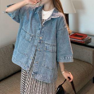 3/4-sleeve Button Denim Jacket Blue - One Size
