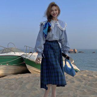 Long-sleeve Frill Trim Blouse / Plaid Midi A-line Skirt