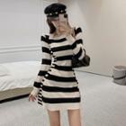 Square-neck Striped A-line Knit Dress Stripes - Black & White - One Size