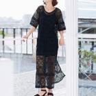 Set: Crochet Elbow Sleeve Midi Dress + Slipdress