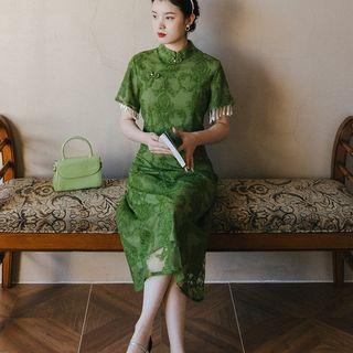 Short-sleeve Faux Pearl Trim Midi Qipao