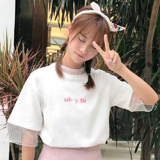 Mock Two-piece Elbow-sleeve Lace Paneled Letter T-shirt