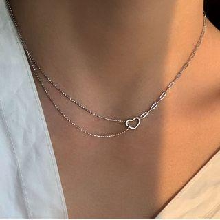 Heart Pendant Asymmetrical Alloy Choker 1 Pr - Silver - One Size