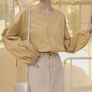Lantern-sleeve V-neck Blouse Yellow - One Size