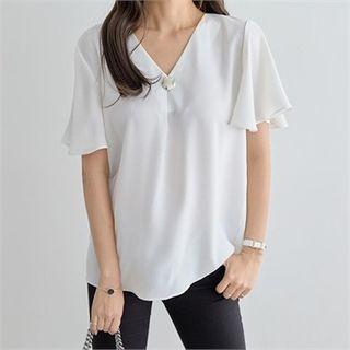 V-neck Flutter-sleeve Button-accent Top