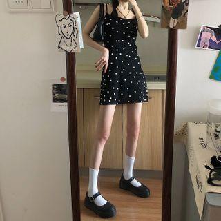 Spaghetti Strap Dotted A-line Dress White & Black - One Size