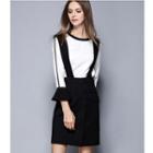 Set: Contrast Trim Bell-sleeve Top + Suspender Skirt