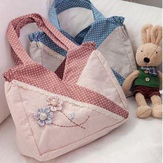 Dotted-trim Flower-appliqu  Tote Bag