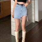 Fray-hem Asymmetric Hem Denim Mini Fitted Skirt