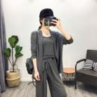 Set Of 3: Cardigan + Knitted Camisole Top + Wide-leg Pants
