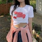 Short-sleeve Cherry Print Cropped T-shirt / Long-sleeve Plain Knit Cardigan