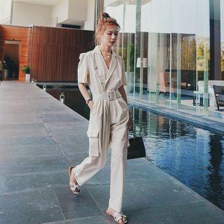 Elbow-sleeve Straight-leg Cargo Jumpsuit
