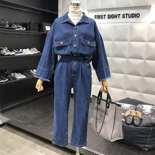 Pocketed Long Sleeve Denim Jumpsuit