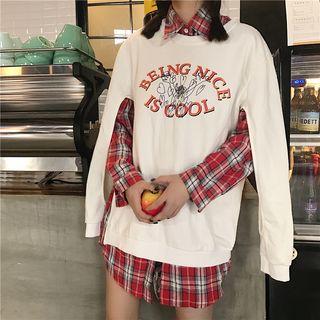 Print Long-sleeve Sweatshirt / Long-sleeve Plaid Blouse